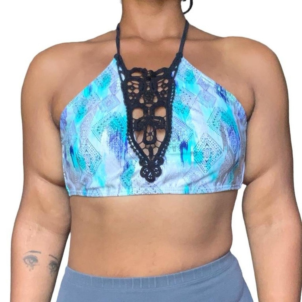 Blue and Black Halter Bikini Top